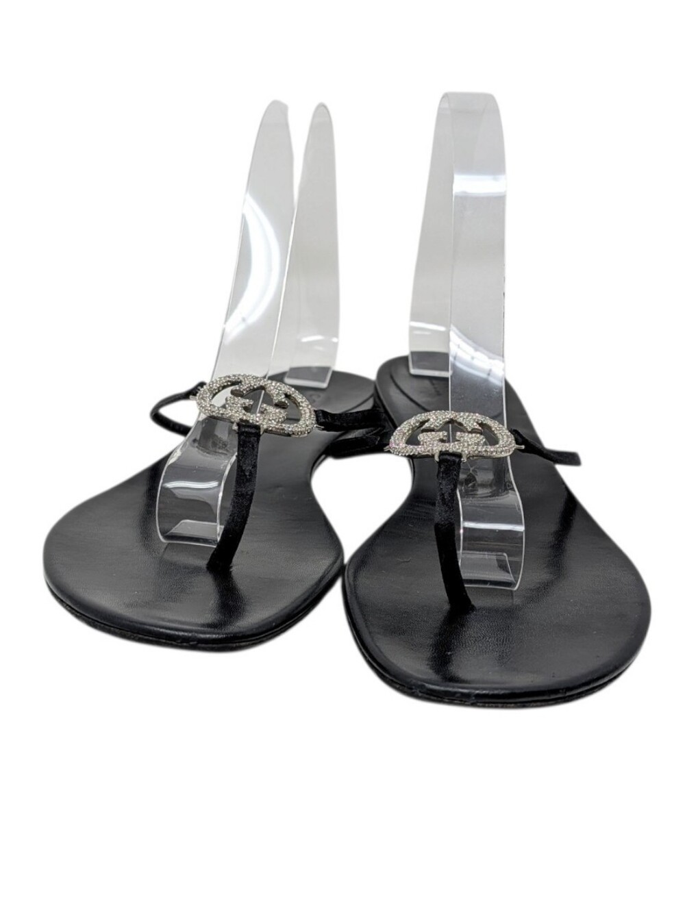 Gucci Black Leather Crystal Interlocking GG Logo Thong Sandals Size 9B - Picture 5 of 8